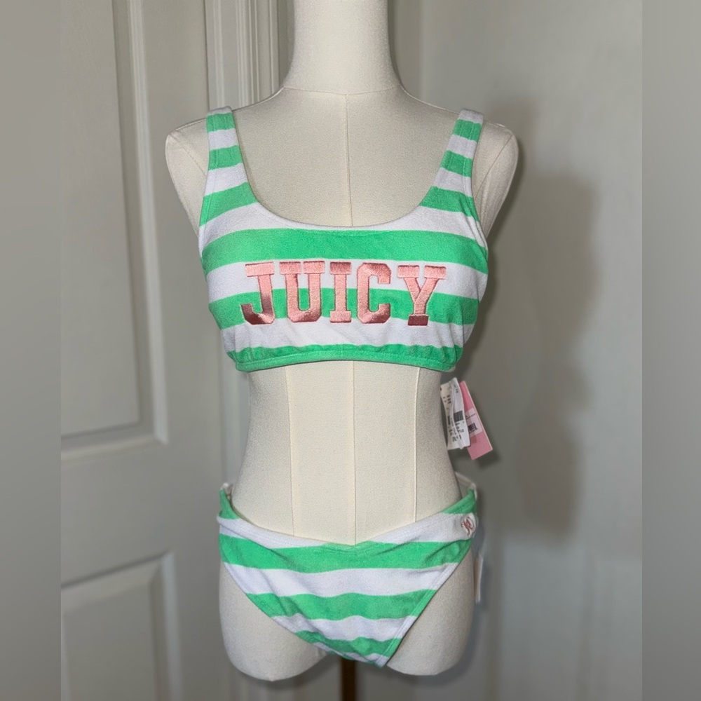 Juicy Couture Vintage Inspired Green and White Terry Bikini Set NWT